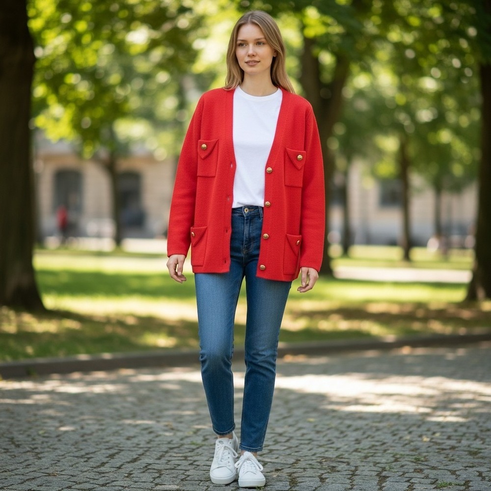 Dorce Vintage Red Virgin Wool Cardigan Sweater Gold Buttons Old Money Womens L